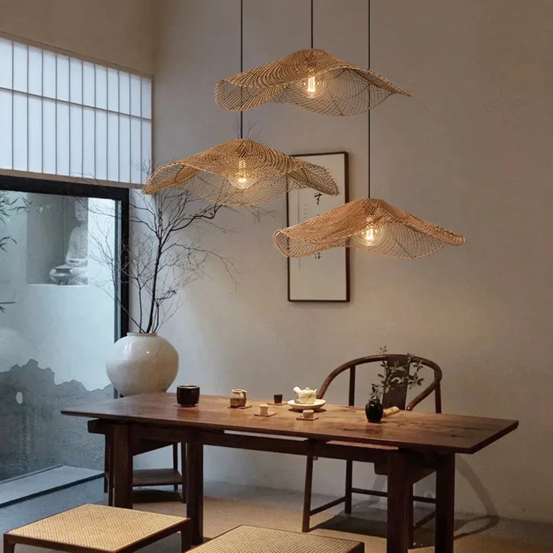Woven Rattan Chandelier Restaurant Straw Hat Lights Dinning Room Hotel Loft wabi sabi lamp Japanese Decorative Hanging Lamp